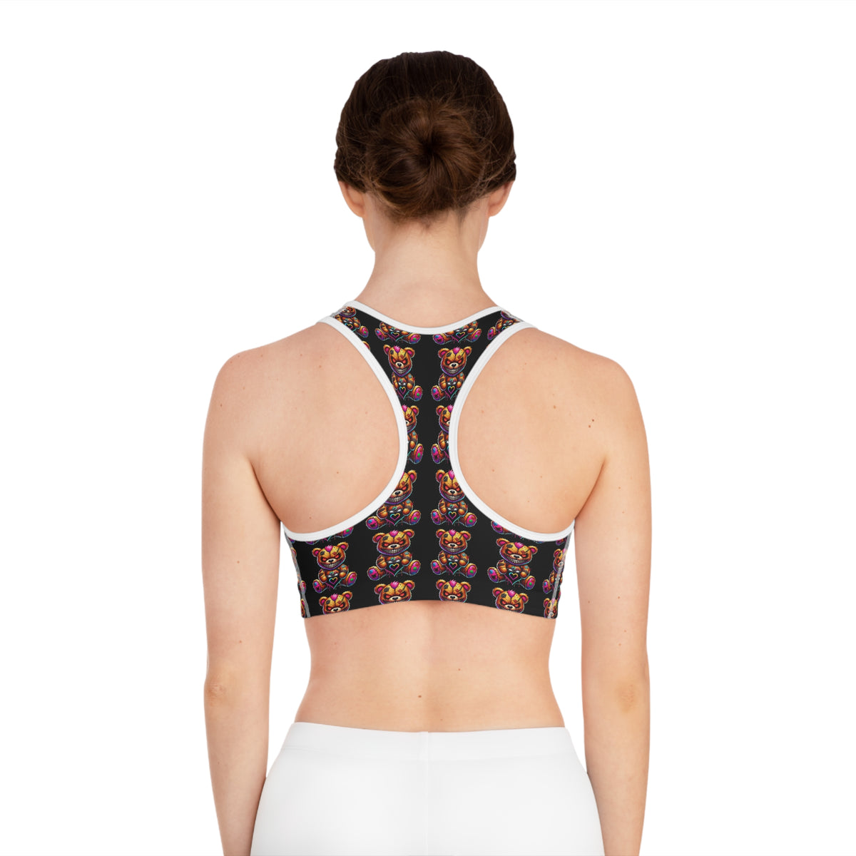 Heartless Teddy Sports Bra — Gothic Cute All-Over-Print Activewear