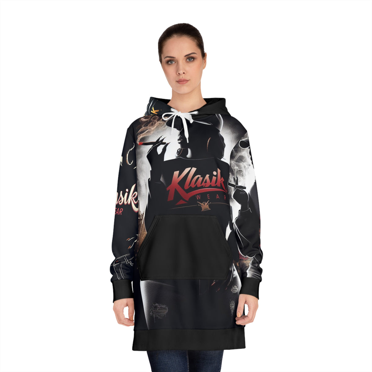 Klasik Streetwear Hoodie Dress – Graphic All-Over-Print Women’s Hooded Dress