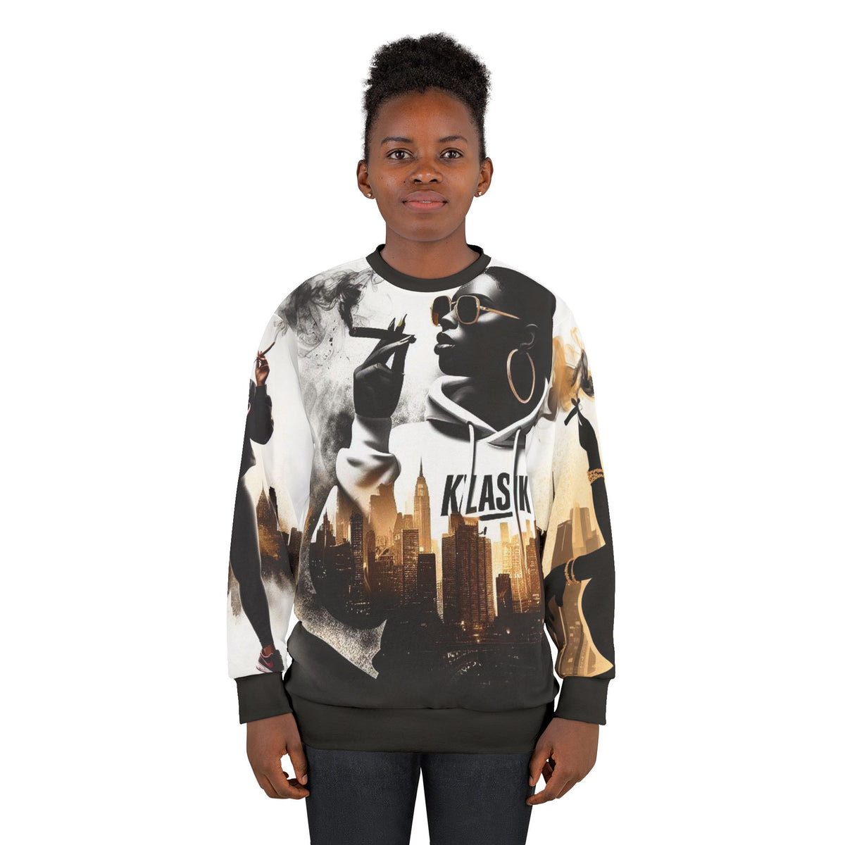 Urban Noir Graphic Sweatshirt — 'KLASIK' Cityscape & Chic Smoker Design