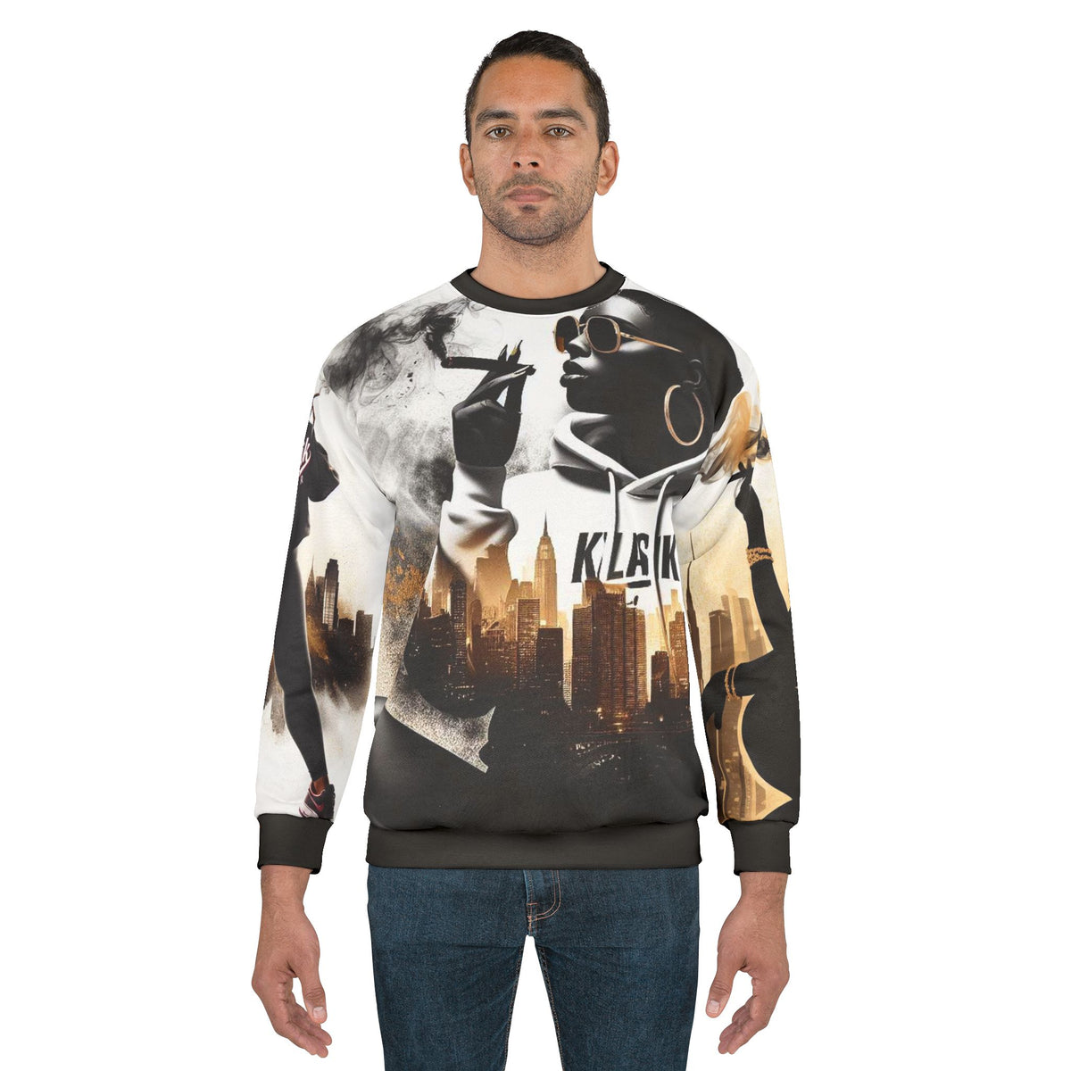 Urban Noir Graphic Sweatshirt — 'KLASIK' Cityscape & Chic Smoker Design