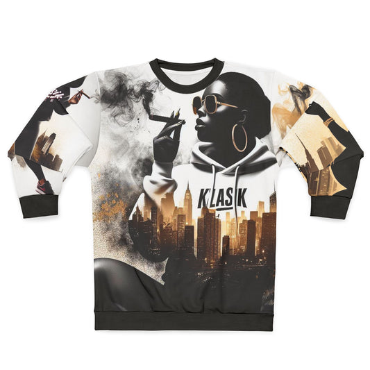 Urban Noir Graphic Sweatshirt — 'KLASIK' Cityscape & Chic Smoker Design