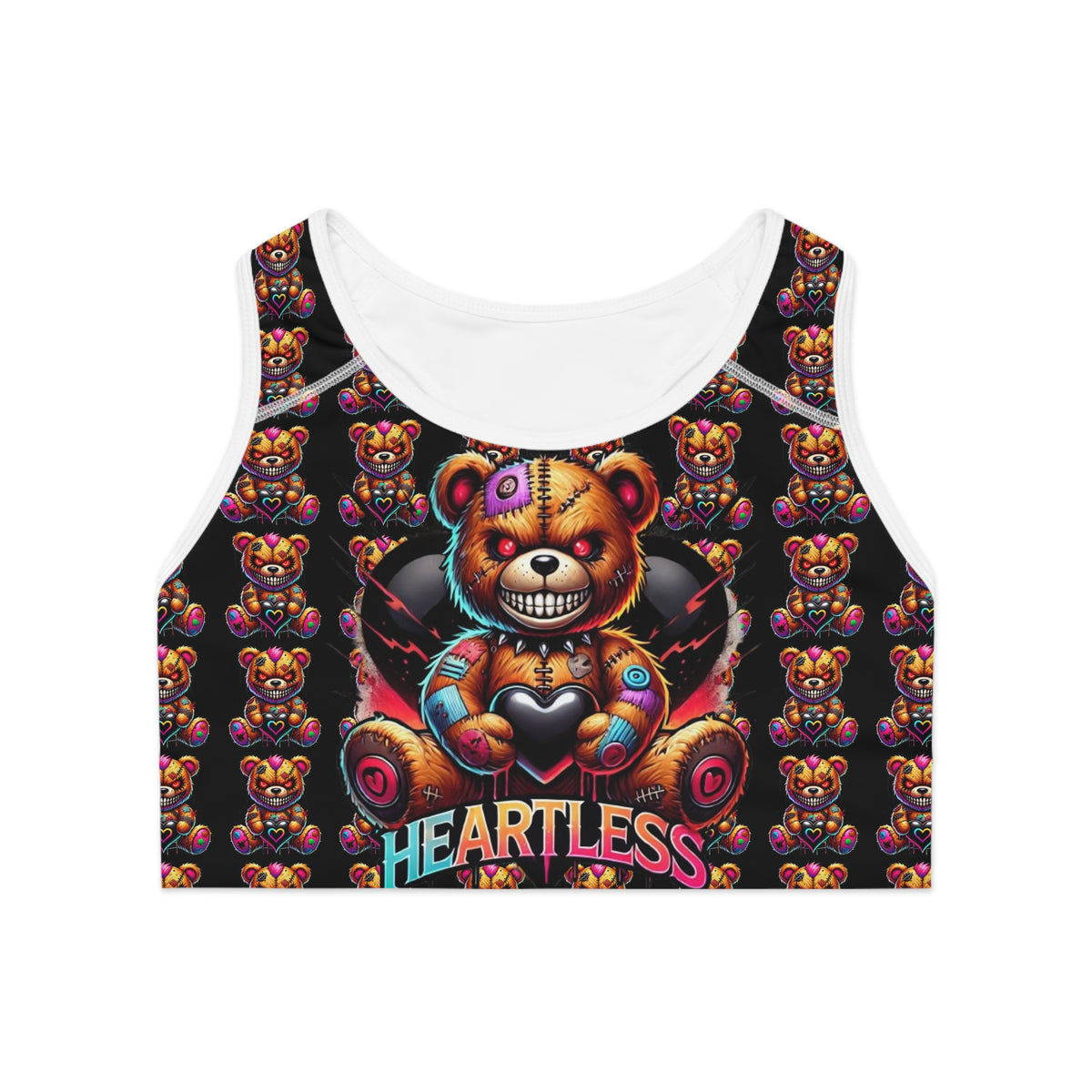 Heartless Teddy Sports Bra — Gothic Cute All-Over-Print Activewear