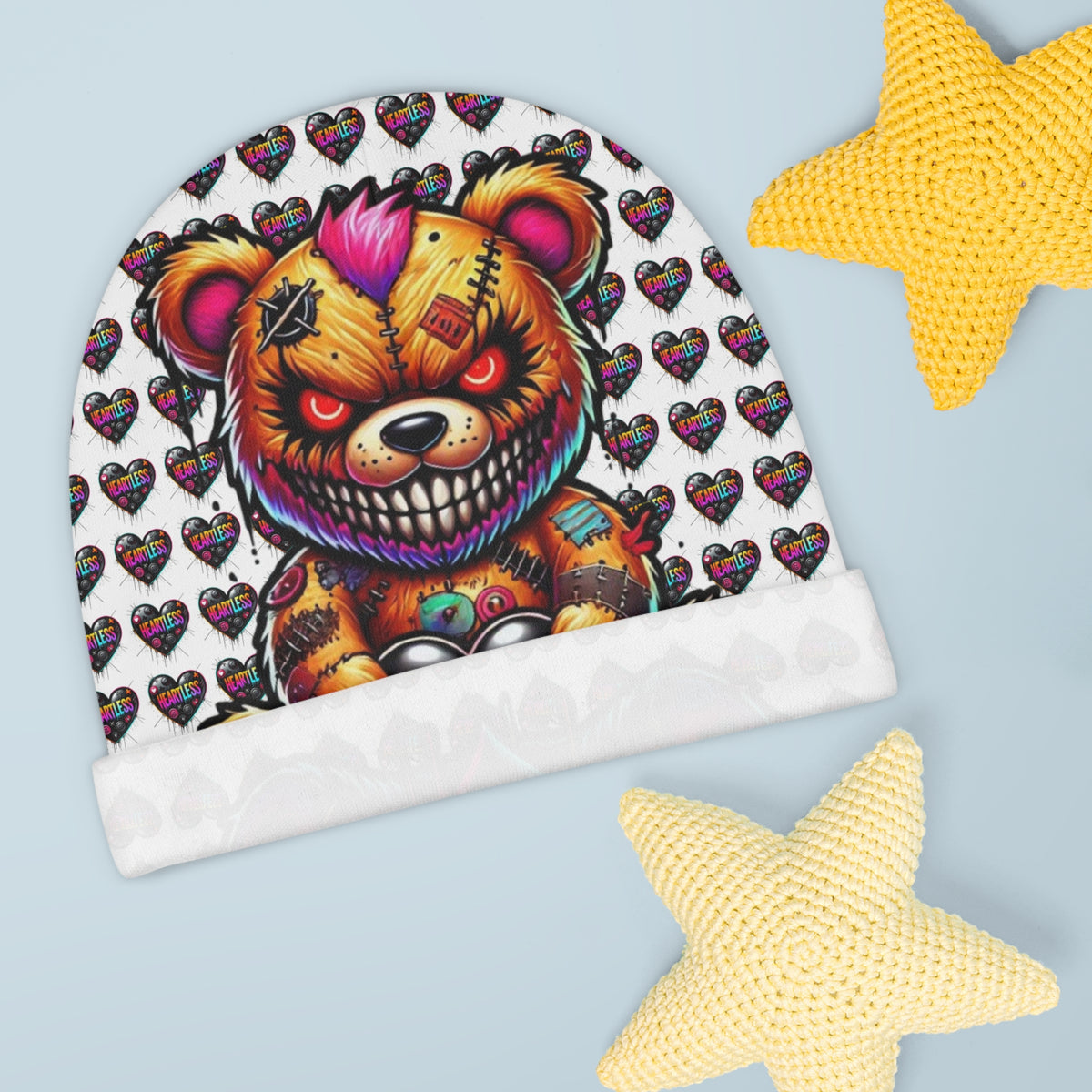 Creepy Colorful Teddy Baby Beanie — Neon Heart Grunge Infant Hat