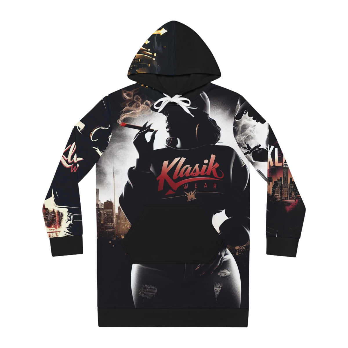 Klasik Streetwear Hoodie Dress – Graphic All-Over-Print Women’s Hooded Dress