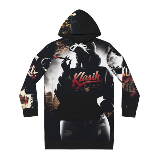 Klasik Streetwear Hoodie Dress – Graphic All-Over-Print Women’s Hooded Dress