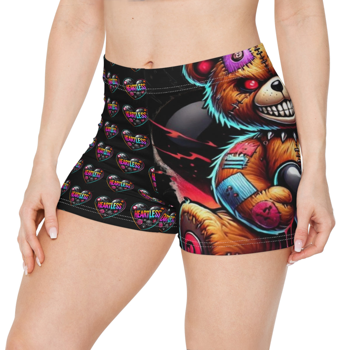 Grunge Teddy Heart Women's Shorts — Colorful Creepy Bear All-Over Print