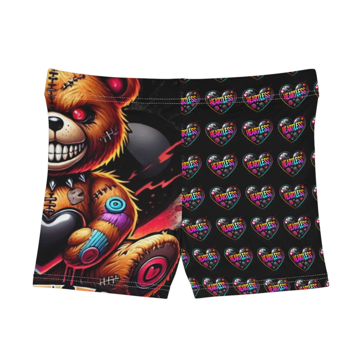 Grunge Teddy Heart Women's Shorts — Colorful Creepy Bear All-Over Print