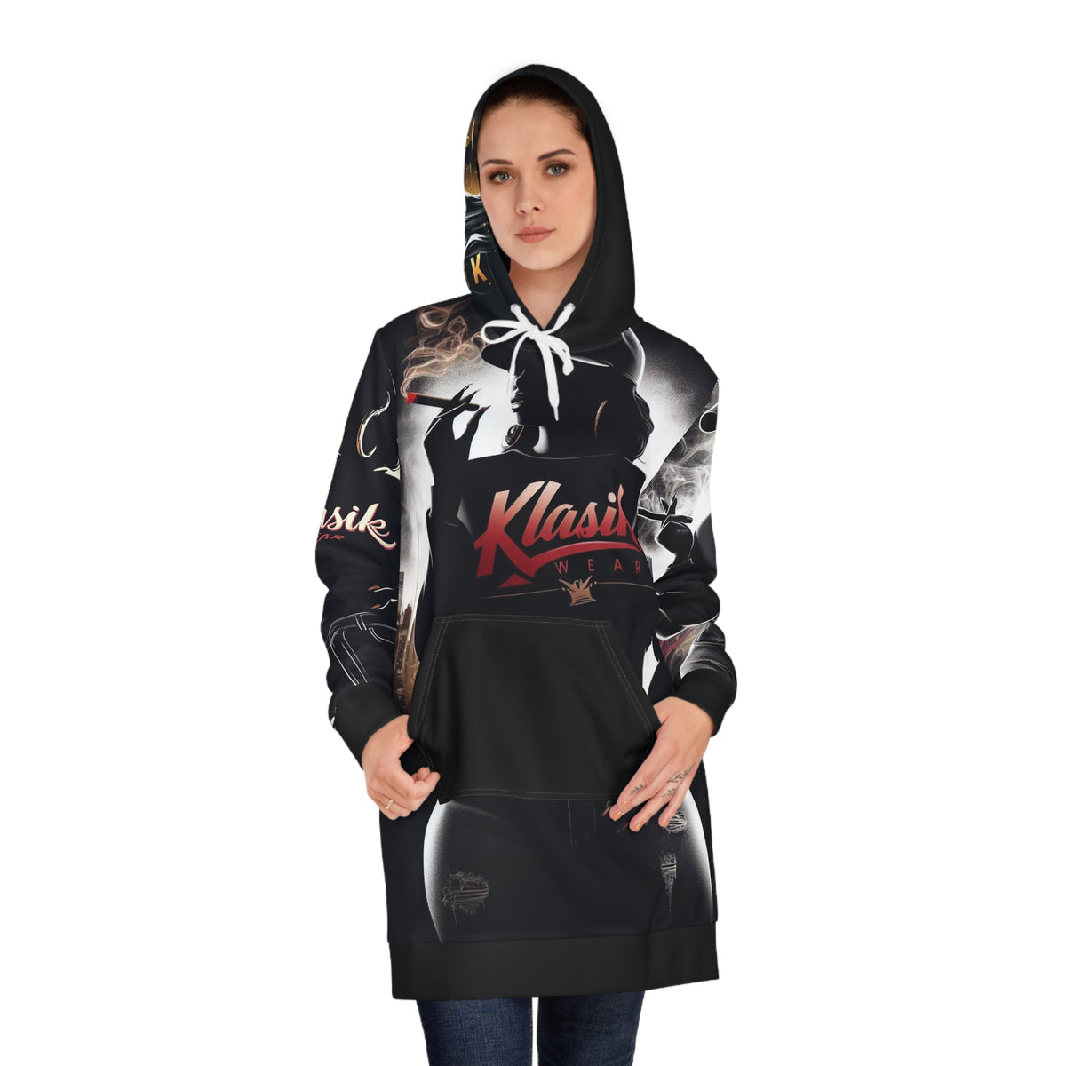 Klasik Streetwear Hoodie Dress – Graphic All-Over-Print Women’s Hooded Dress