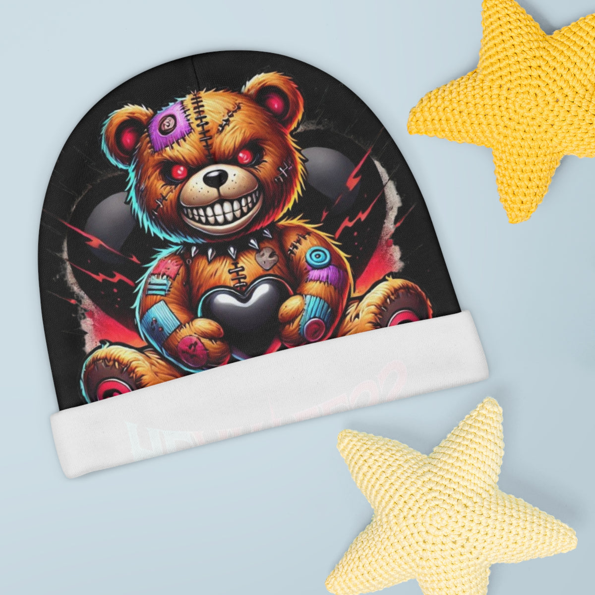 Heartless Teddy Baby Beanie - Edgy Neon Creepy Bear Infant Hat