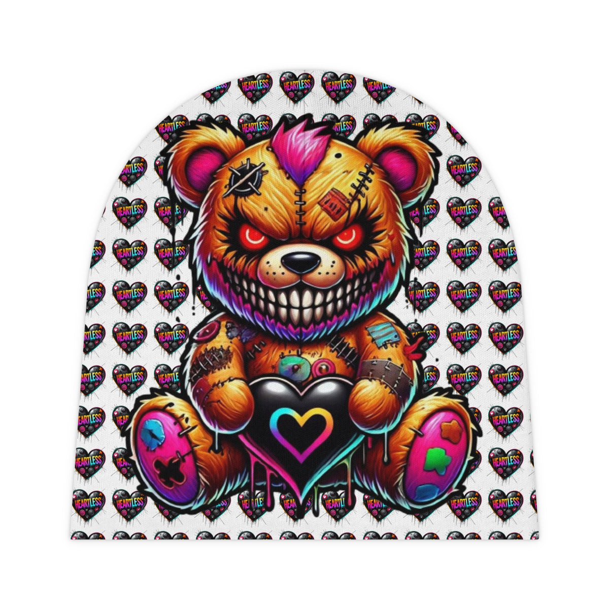 Creepy Colorful Teddy Baby Beanie — Neon Heart Grunge Infant Hat