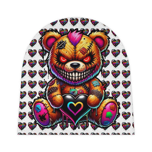 Creepy Colorful Teddy Baby Beanie — Neon Heart Grunge Infant Hat