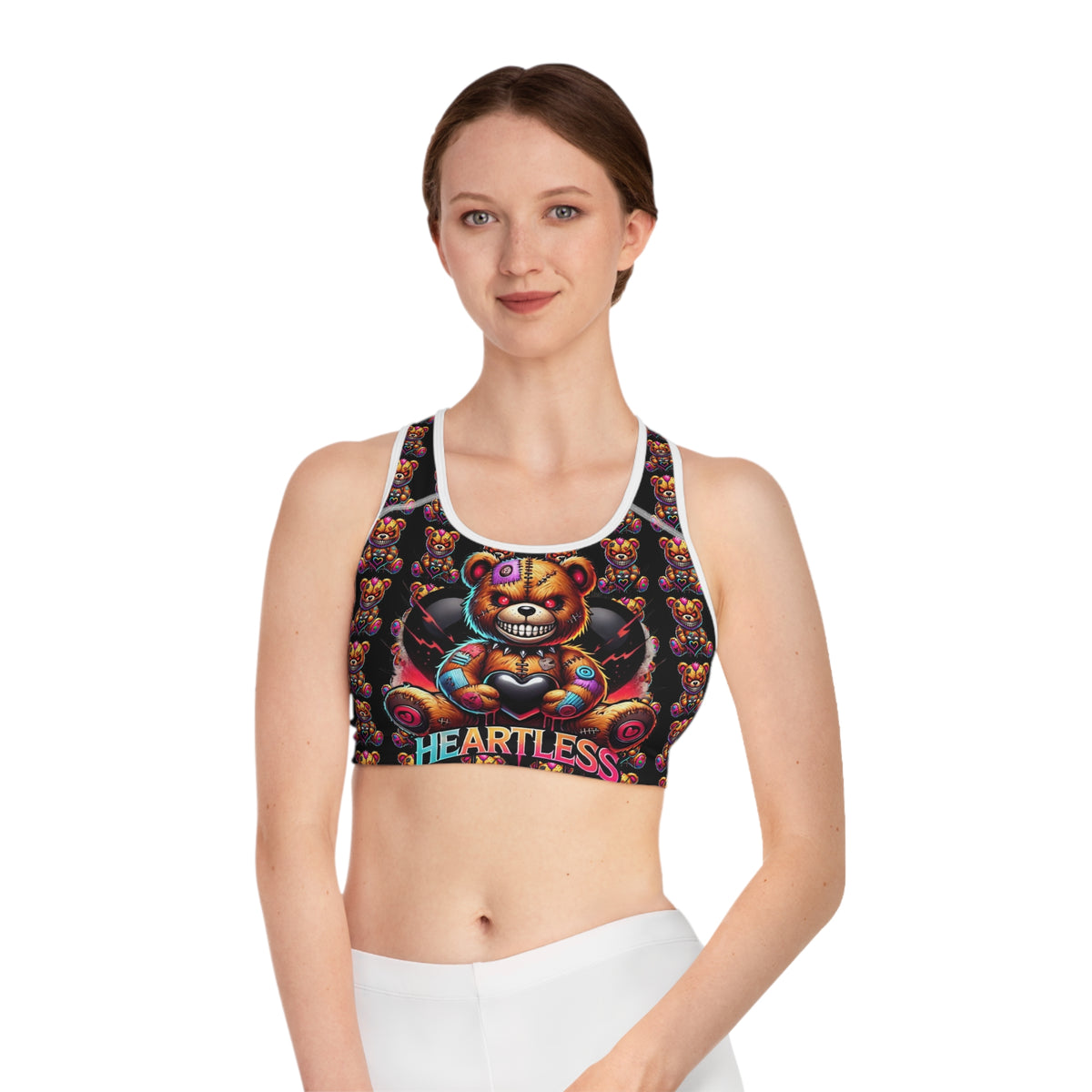 Heartless Teddy Sports Bra — Gothic Cute All-Over-Print Activewear