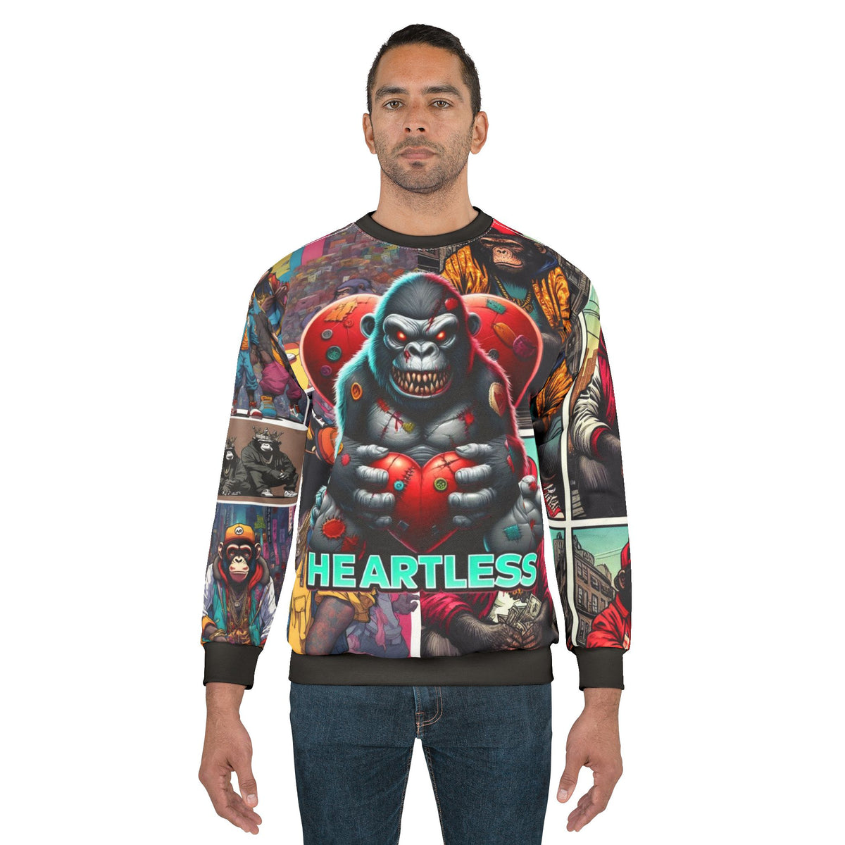 Heartless Gorilla Graphic Sweatshirt — All-Over Print Streetwear Pullover